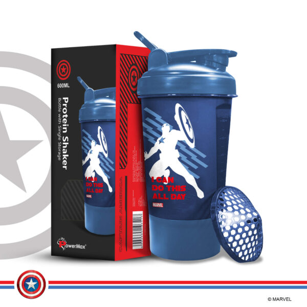 MSB-6S-CA-BL (600ml) Captain America Marvel Edition Protein Shaker Bottle with Single Storage - Image 3
