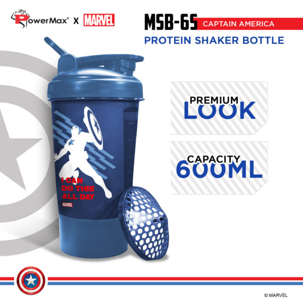MSB-6S-CA-BL (600ml) Captain America Marvel Edition Protein Shaker Bottle with Single Storage - Image 4