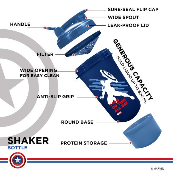 MSB-6S-CA-BL (600ml) Captain America Marvel Edition Protein Shaker Bottle with Single Storage - Image 5