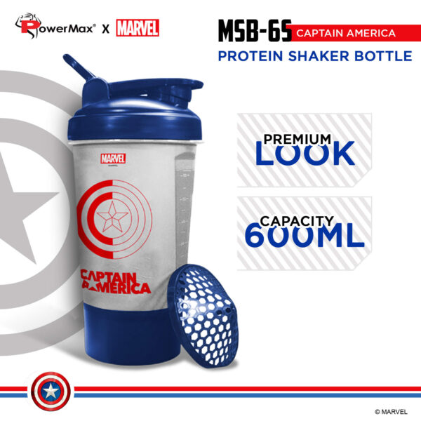 MSB-6S-CA-CL (600ml) Captain America Marvel Edition Protein Shaker Bottle with Single Storage - Image 4