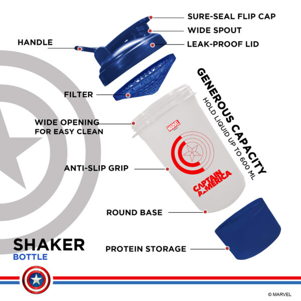 MSB-6S-CA-CL (600ml) Captain America Marvel Edition Protein Shaker Bottle with Single Storage - Image 5
