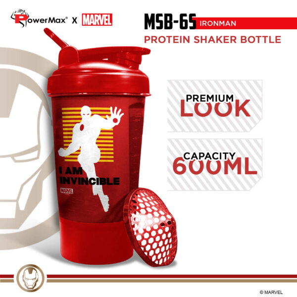 MSB-6S-IM-RD (600ml) IRONMAN Marvel Edition Protein Shaker Bottle with Single Storage - Image 4