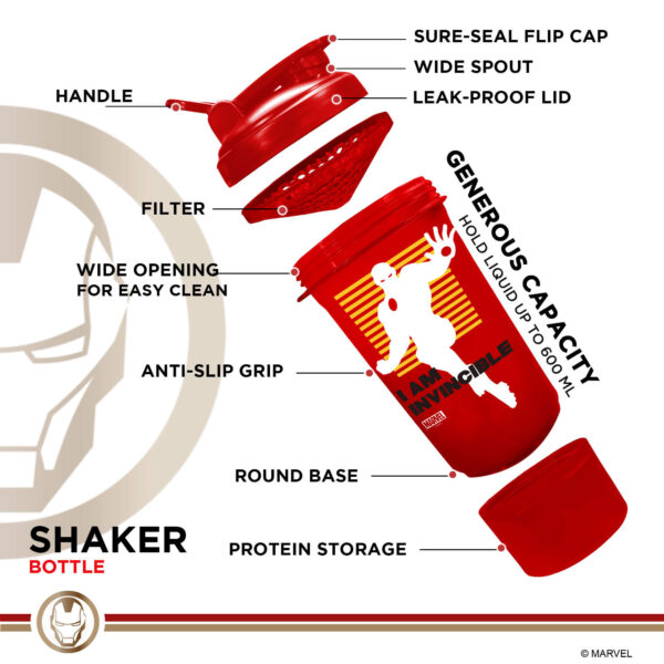 MSB-6S-IM-RD (600ml) IRONMAN Marvel Edition Protein Shaker Bottle with Single Storage - Image 5