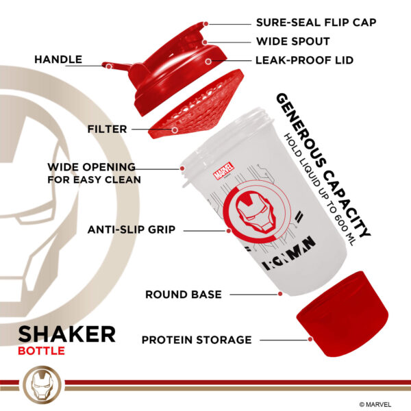 MSB-6S-IM-CL (600ml) IRONMAN Marvel Edition Protein Shaker Bottle with Single Storage - Image 5