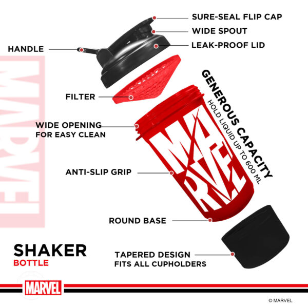 MSB-6S-M-RD (600ml) Marvel Protein Shaker Bottle with Single Storage - Image 5